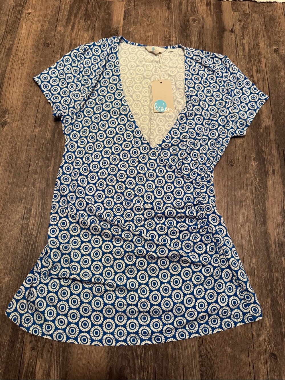 Boden Elodie Jersey Knit Wrap Top 12 Blue Geo Short Sleeve V Neck NEW NWT